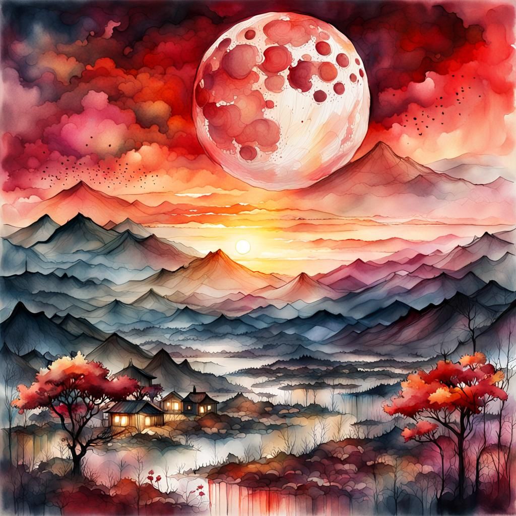 Blood Moon Skyscape in Digital Watercolor Style