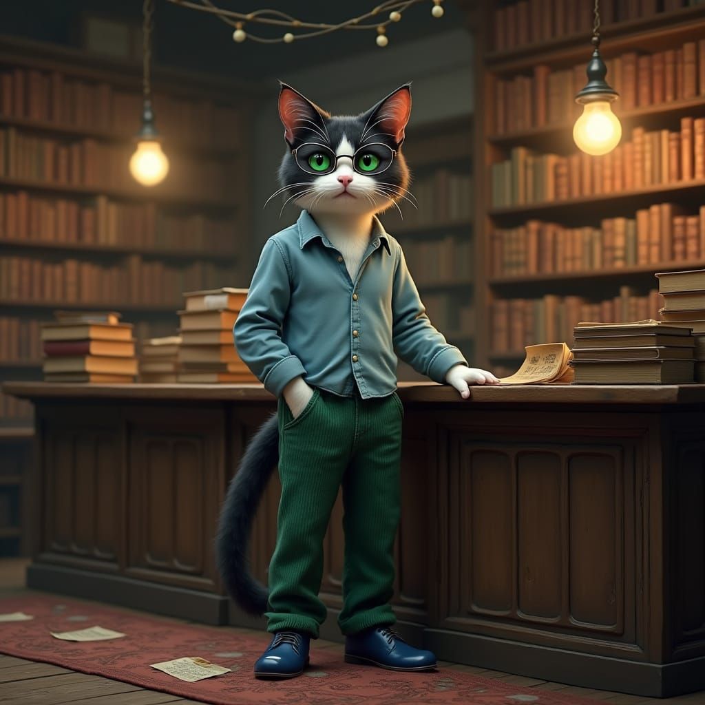 Anthropomorphic Cat Surveys Bookstore in Cozy, Whimsical Atm...