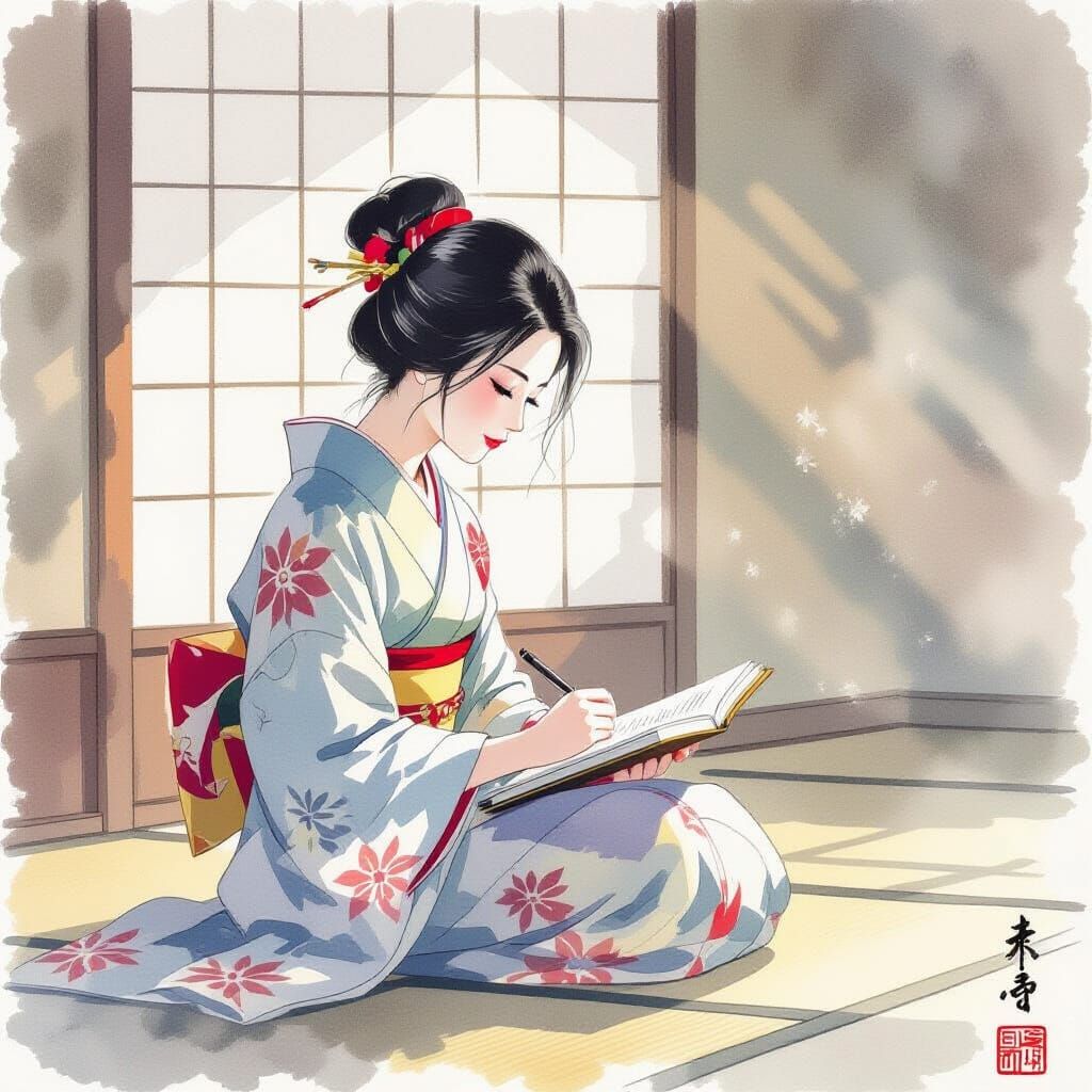 Serene Japanese Woman Writing in Soft Light, Watercolor Styl...