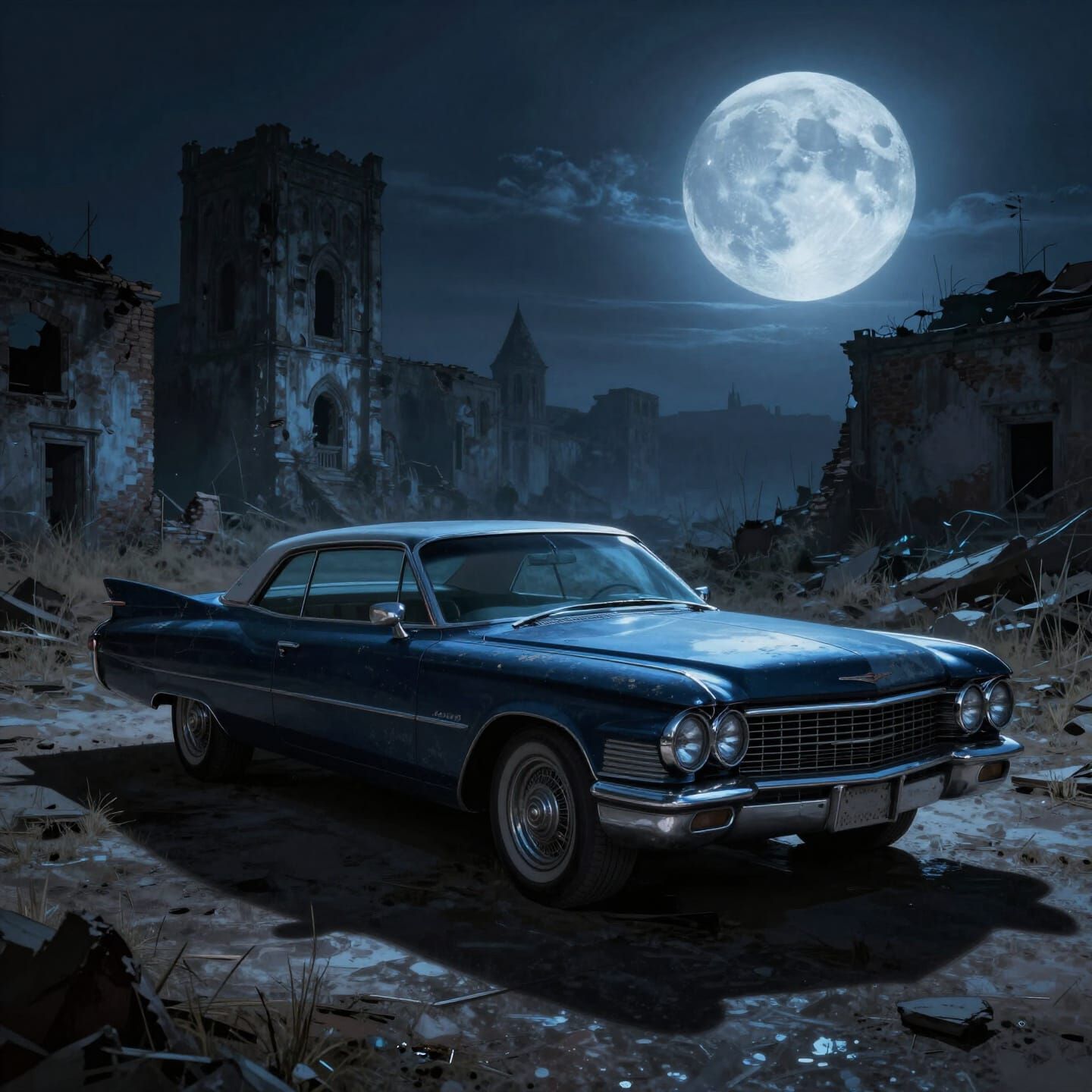 Dark Blue Cadillac Eldorado in Ethereal Moonlight