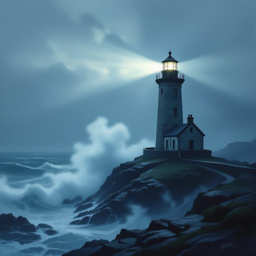 Weathered Lighthouse in Foggy Seas, Turner-Inspired Style