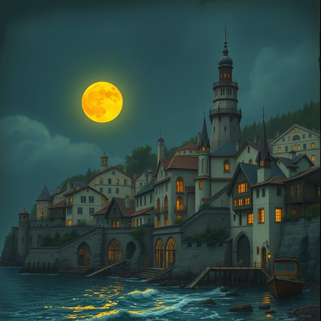 Dreamy Coastal Town Under a Yellow Moon