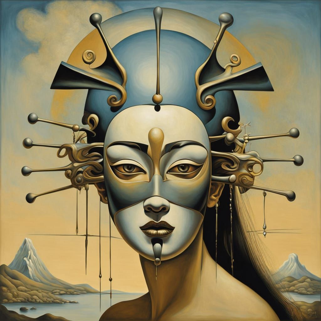 Japanese Gothic Female Figure in a Surreal Bauhaus Mask