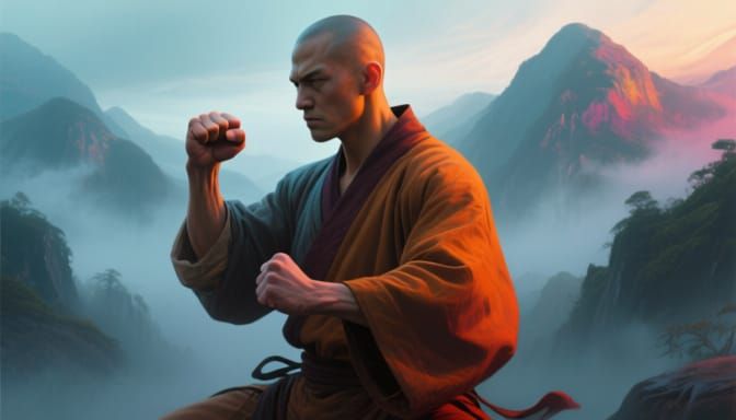 Contemplative Martial Artist Monk in Vibrant Mountain Scene
