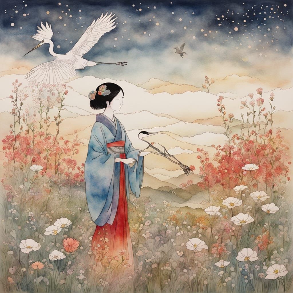 Lady Amidst Blossoming Wisteria in Soft Japanese Dawn