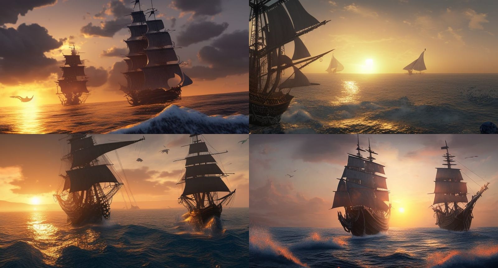 Black Sail Pirate Ship at Sunset: Hyper-Realistic Seascape