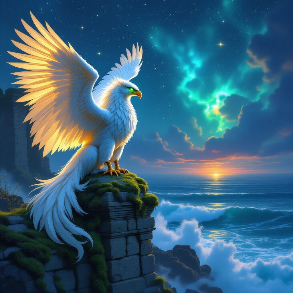 Majestic Griffin Perched on Ruin Overlooking Starlit Ocean