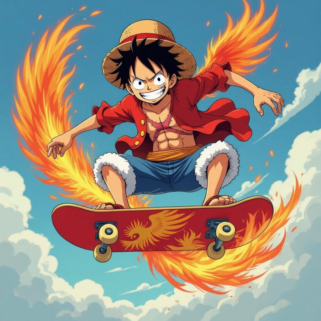 Luffy Rides a Phoenix Skateboard in Manga Style