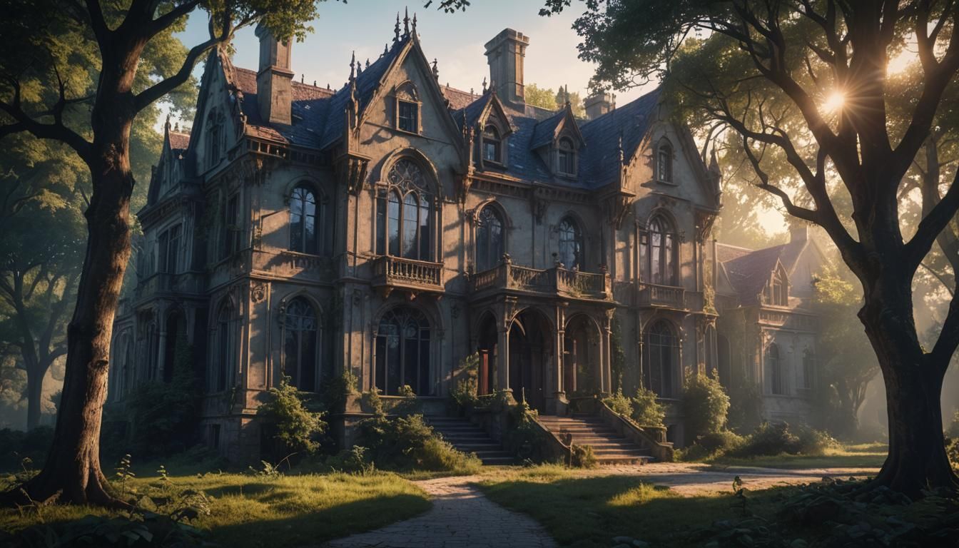 Spooky Gothic Mansion Exterior in Morning Sunlight
