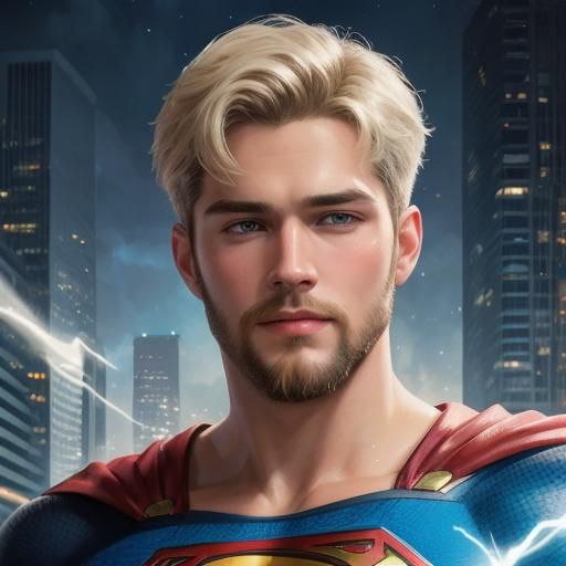 Bearded Superman in Neo-Impressionistic Cityscape