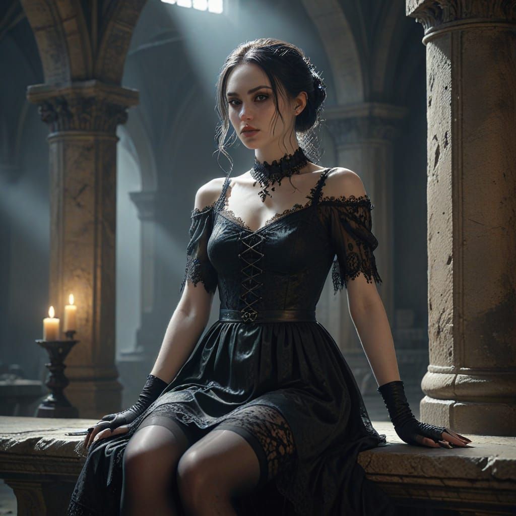 Gothic Girl on Stone Bench in Catacombs