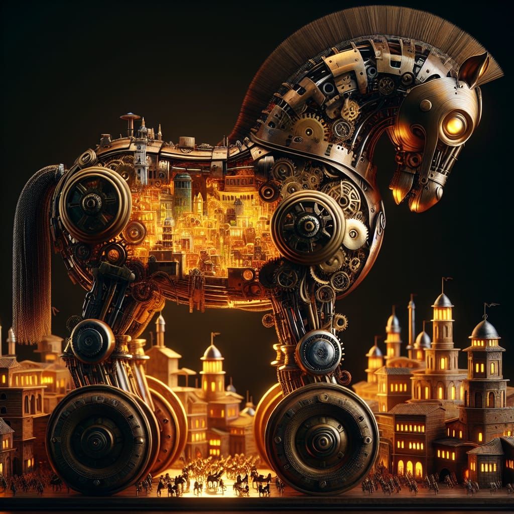 Steampunk Glass Trojan Horse with Miniature City