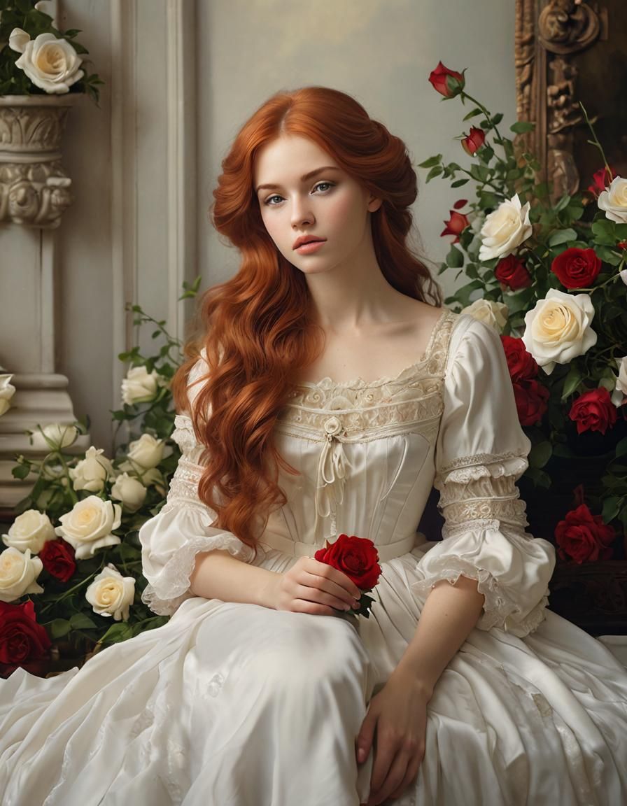 She holds a rose, her heart’s desire.
A flame of beauty, a s...