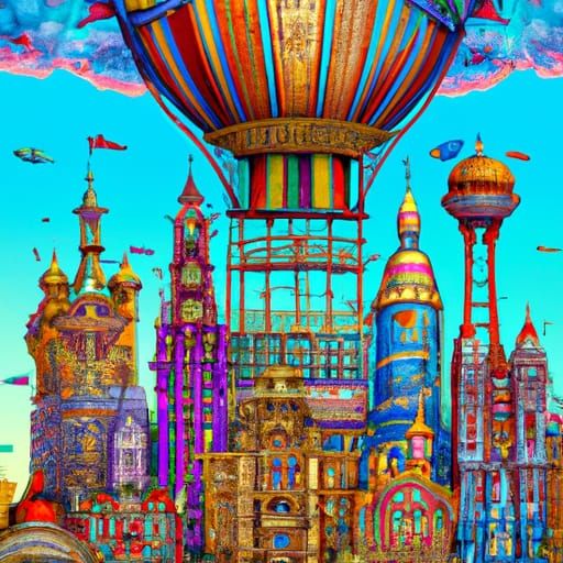 Victorian City with Zeppelins in Poster Art Style