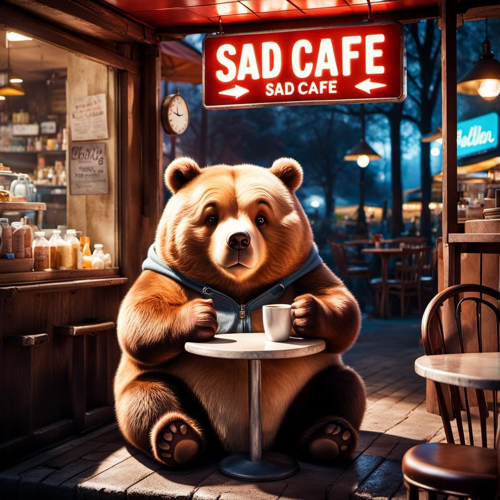 Hyperrealistic Bear at Sad Cafe: Cinematic Portrait