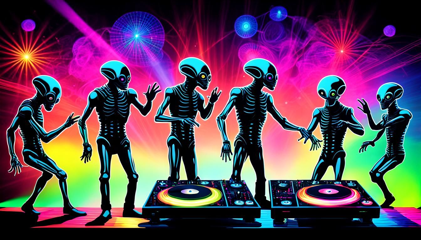 Psychedelic Alien Dance Party in X-Ray Silhouette
