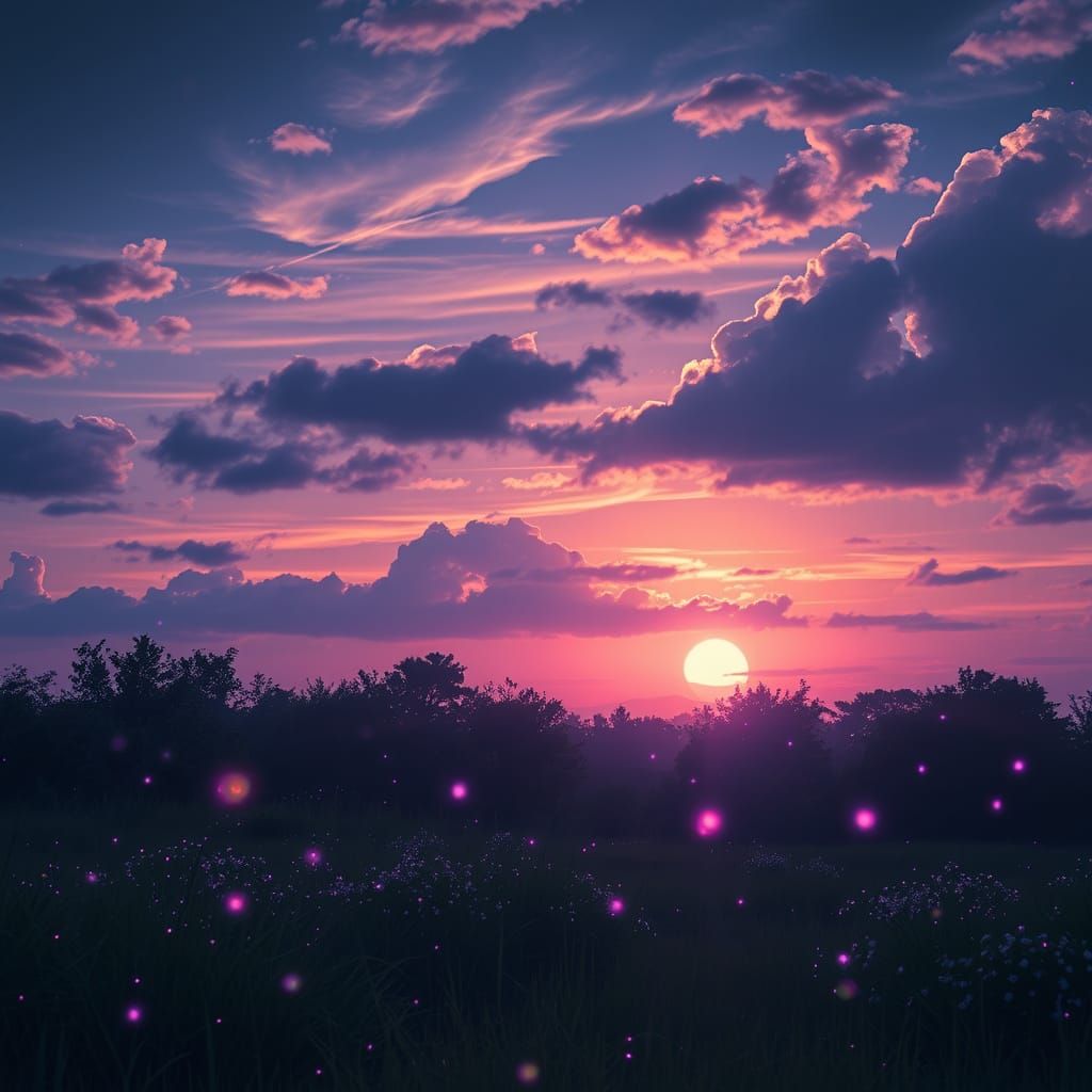 Dreamy Summer Night with Fireflies and Purple LED Lights