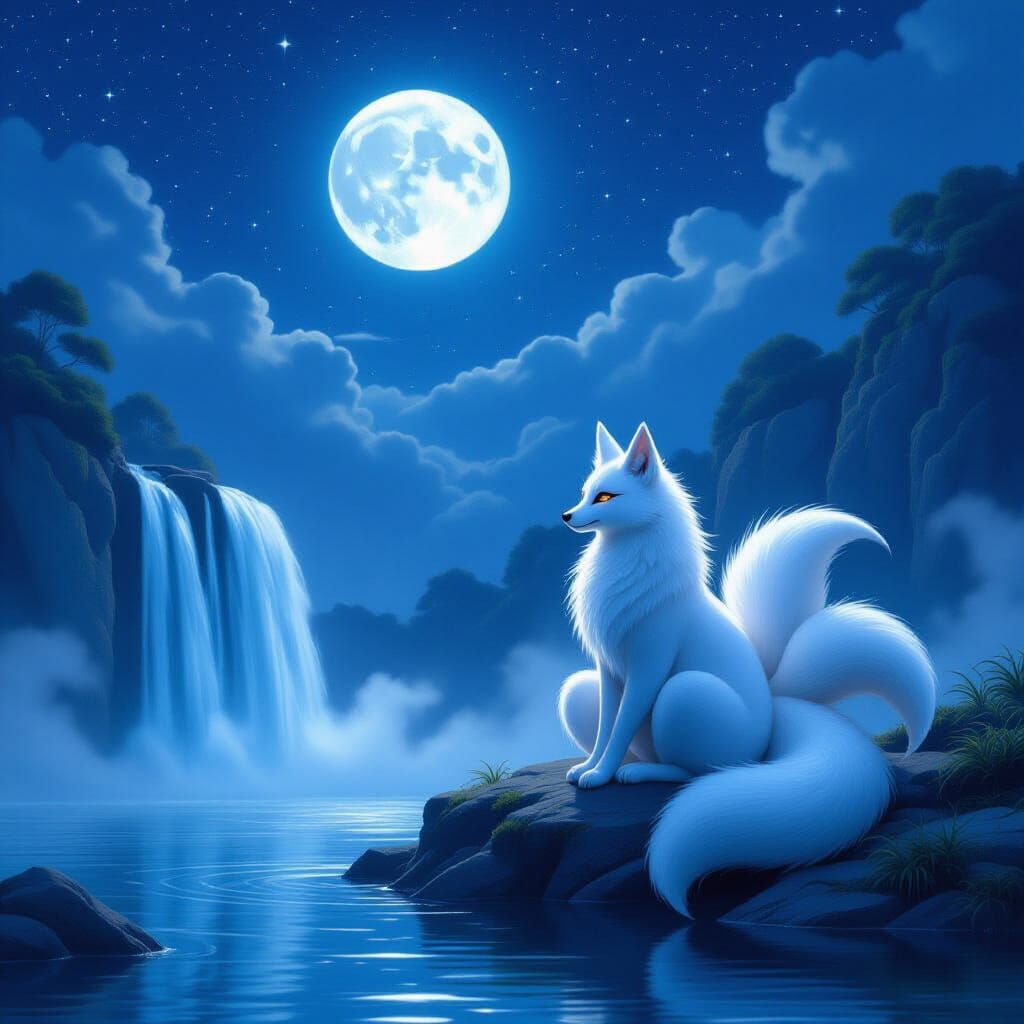 Majestic Nine-Tailed Kitsune by Ethereal Waterfall