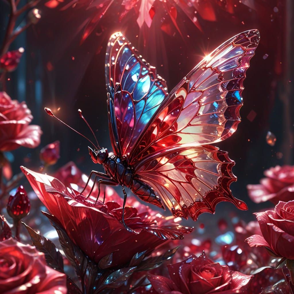 Crystal Butterfly Lands on Ruby Rose in Digital Painting