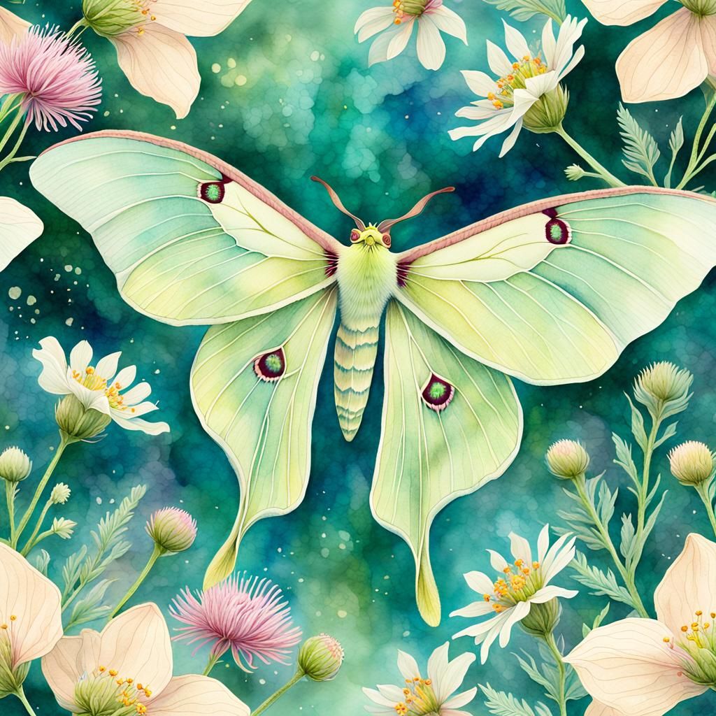 Luna Moth in Flight, Watercolor Botanical Illustration
