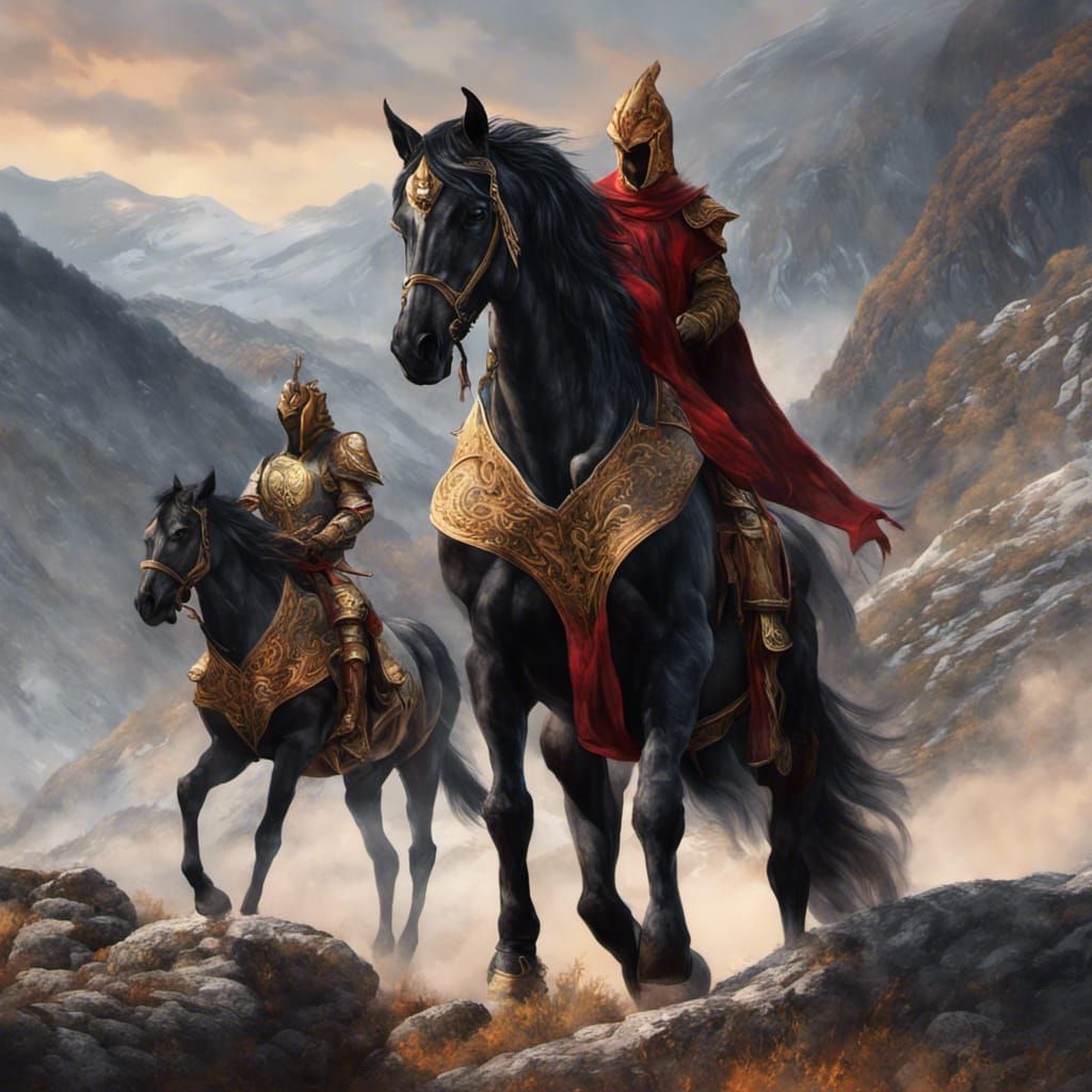 Armored Horses in Mountain Landscape: Fantasy Concept Art
