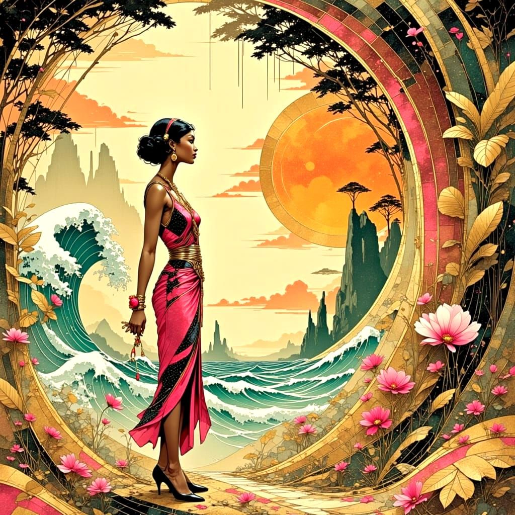 Surreal Art Deco Goddess in Soft, Dreamy Landscape