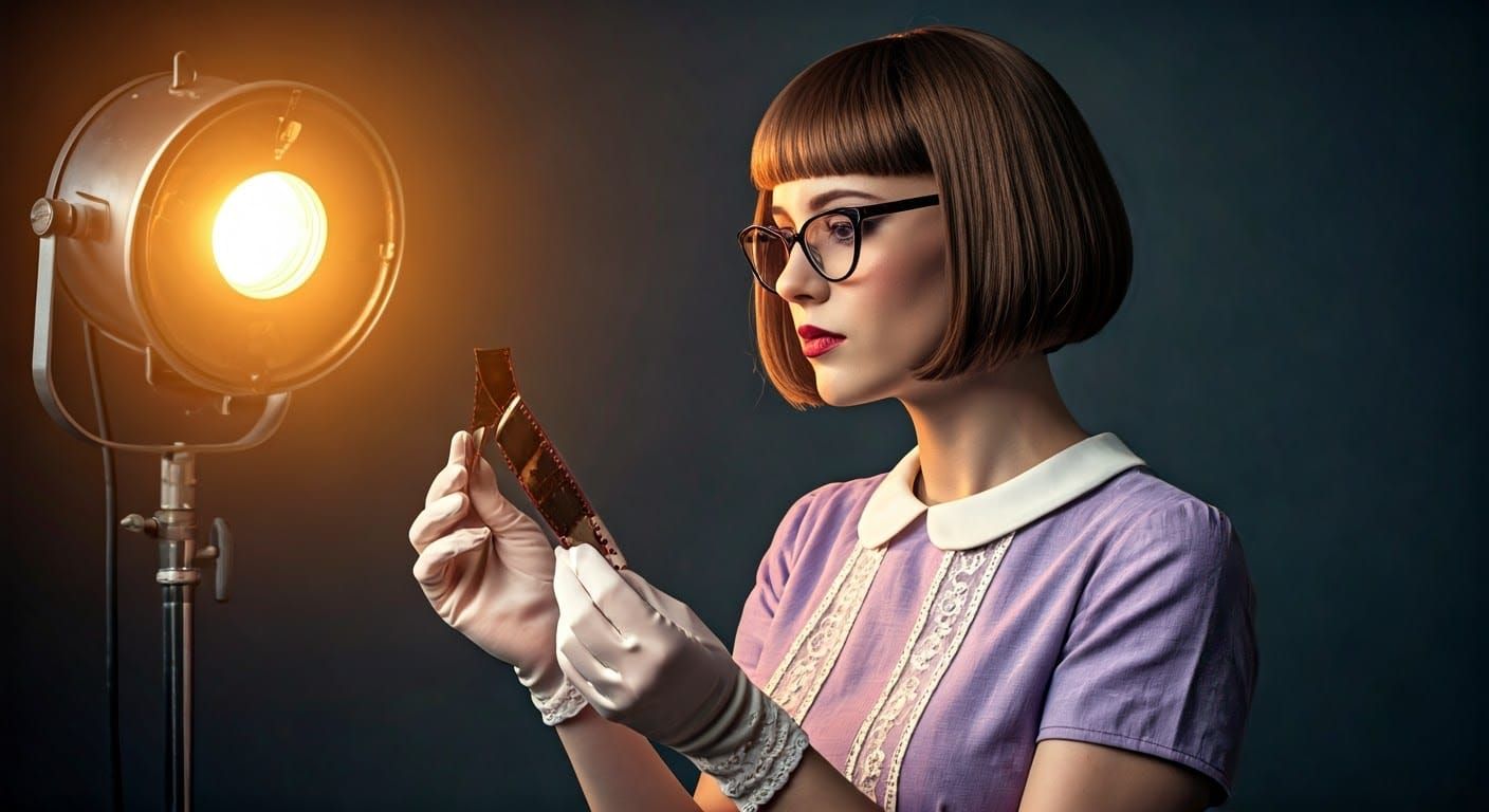 Retro Woman Examines Film Strip in Studio Light