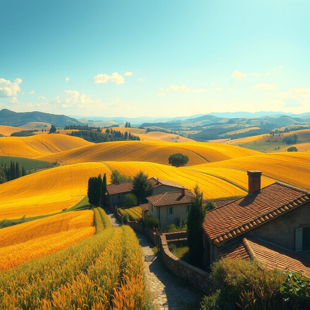 Tuscan Farmhouse Amidst Golden Wheat Fields