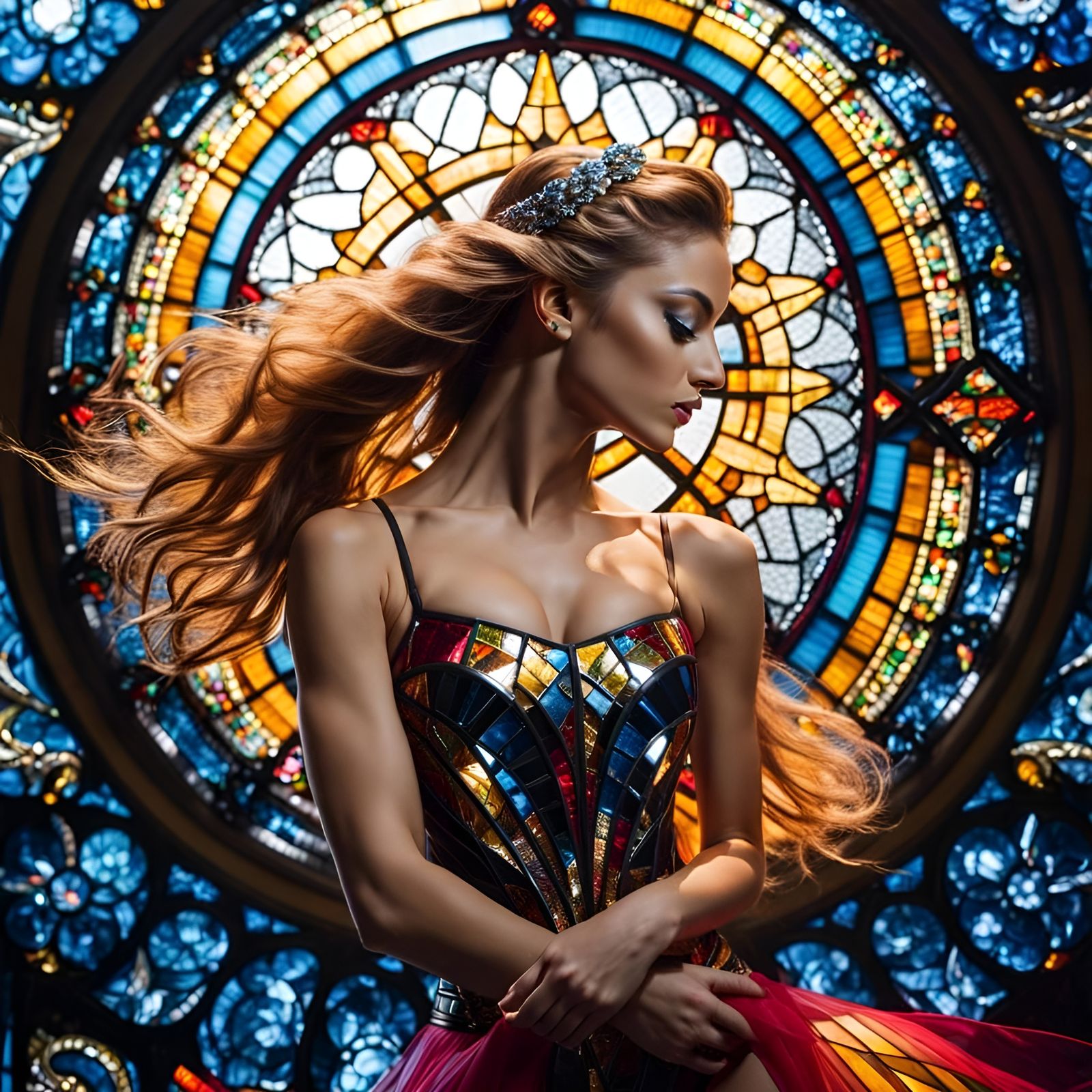 Hyperdetailed Photo of Beautiful Dancer in Stained Glass