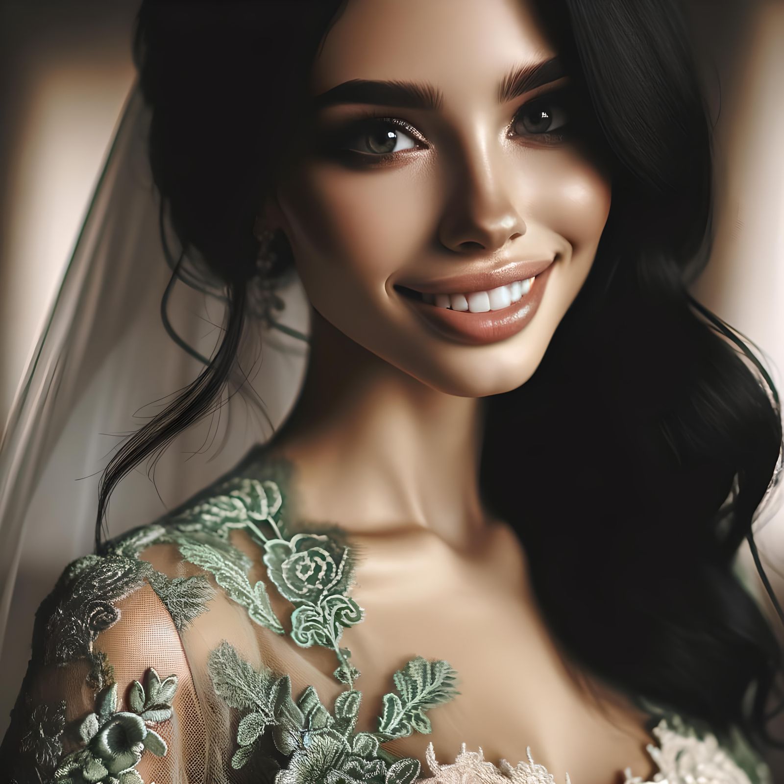 Bride in Green Lace Dress as 3D Digital Art