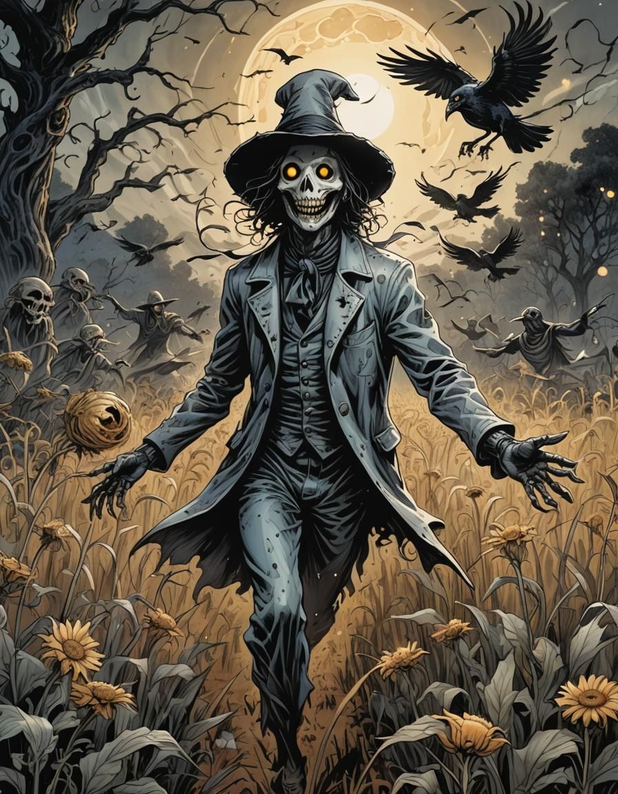 Eldritch Scarecrow Chasing Crows in Comic Book Art