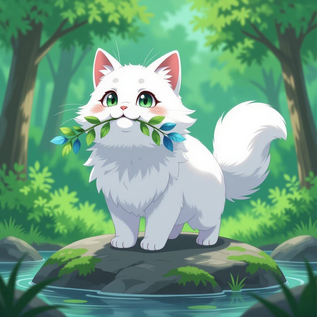 White Cat in Forest, Anime Cel-Shaded Style