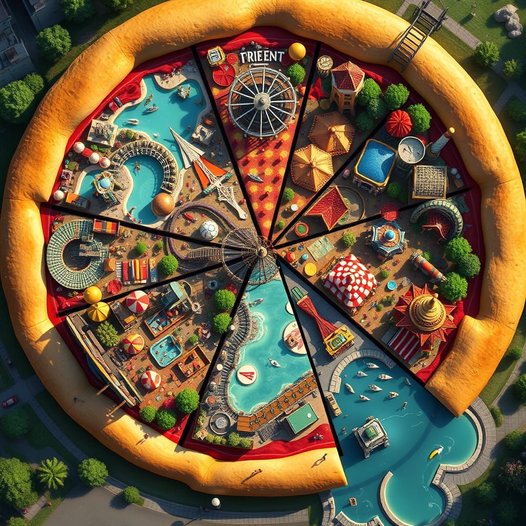 Pizza Theme Park with Attractions in Vivid Colors