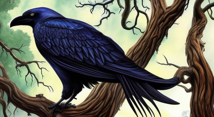 Eldritch Crow on Branch in Gouache Style