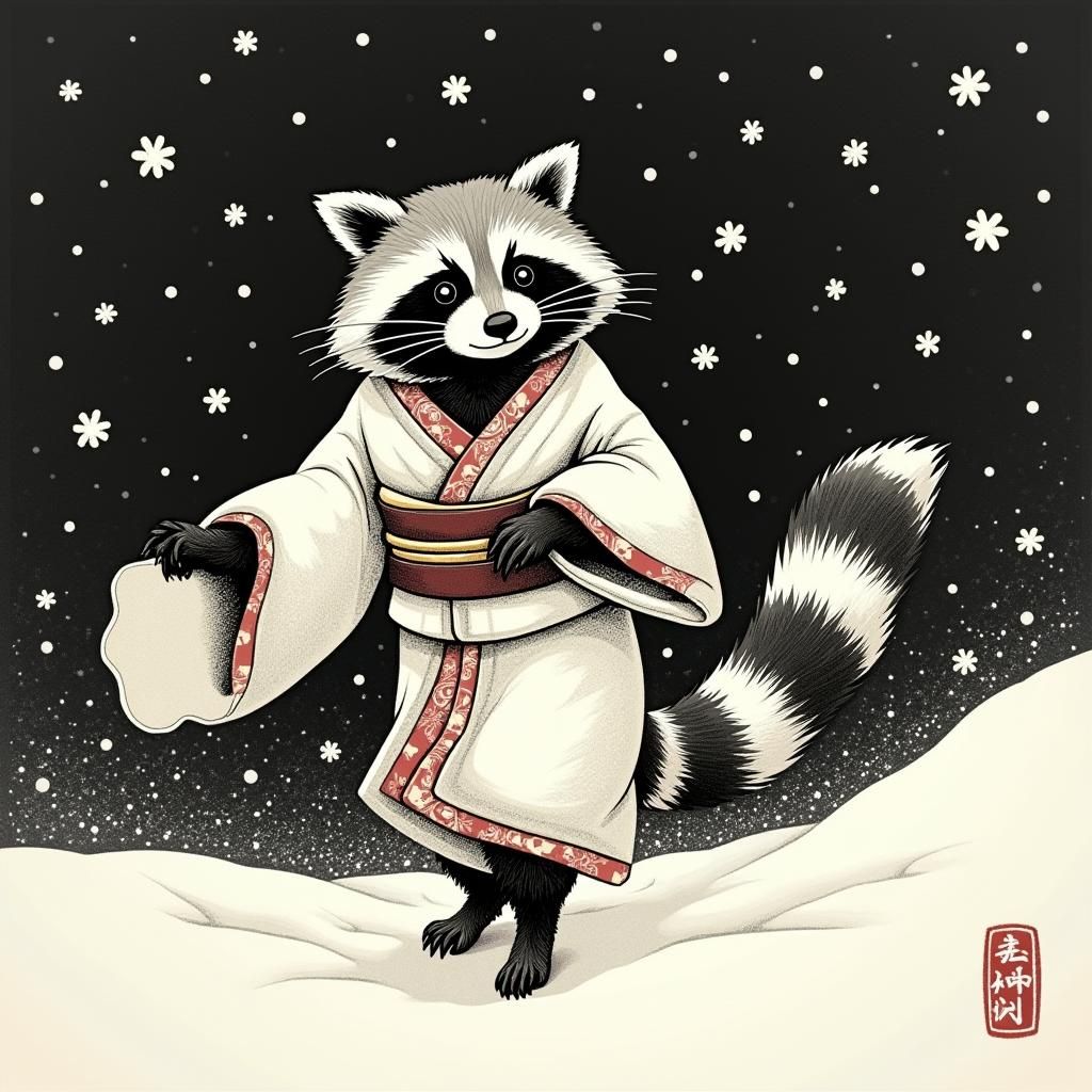japanese woodcut inspired raccoon playing in the falling sno...