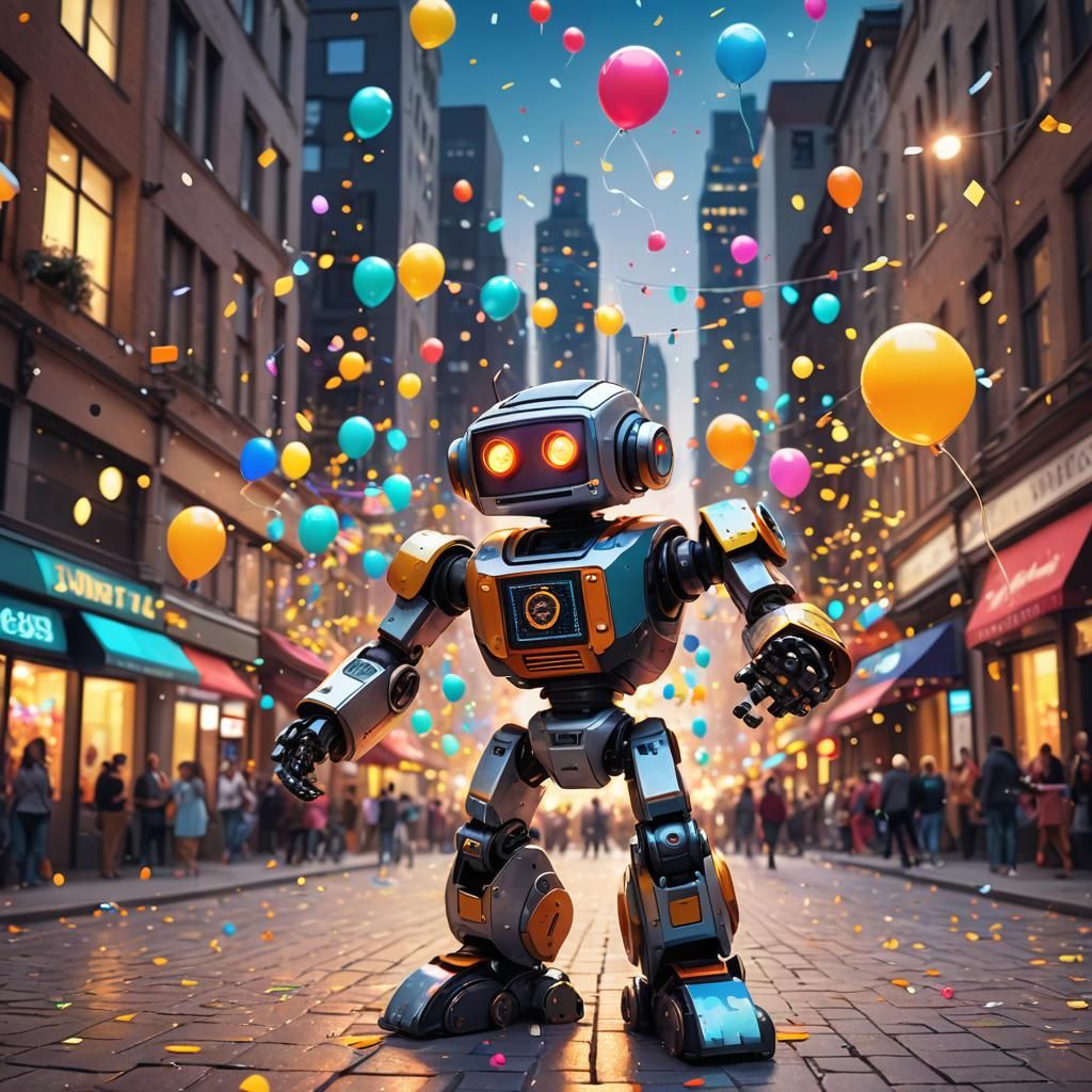 Cheerful Cartoon Robot Dancing in City Square