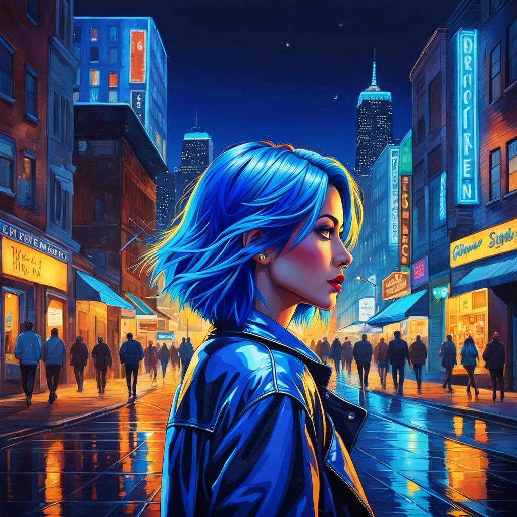 Woman with Neon Hair in City at Night