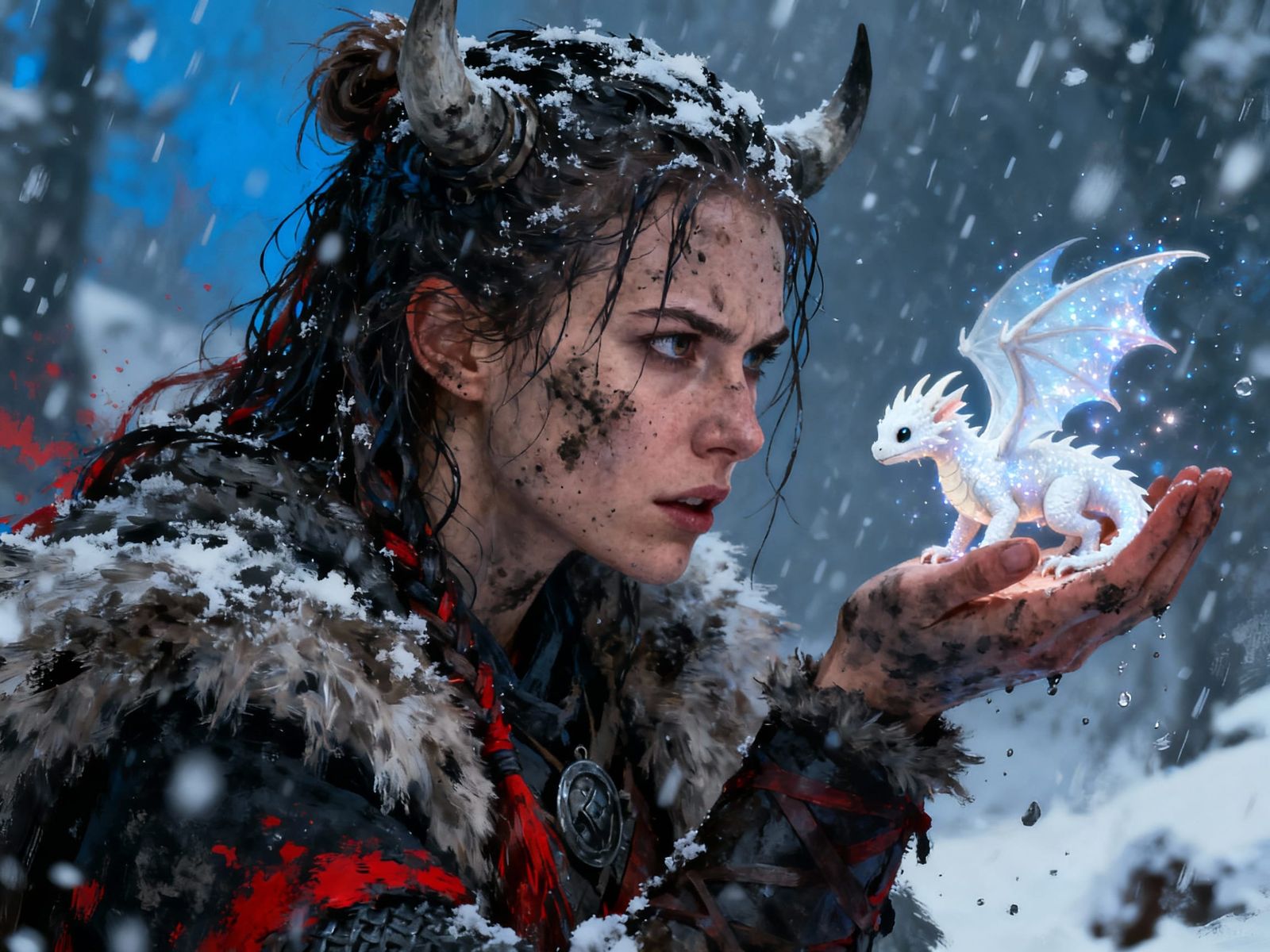 Viking Warrior Holds Tiny Dragon in Snowstorm, Matte Paintin...