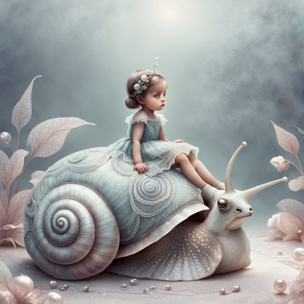 Child Rides Snail in Whimsical Fantasy Art