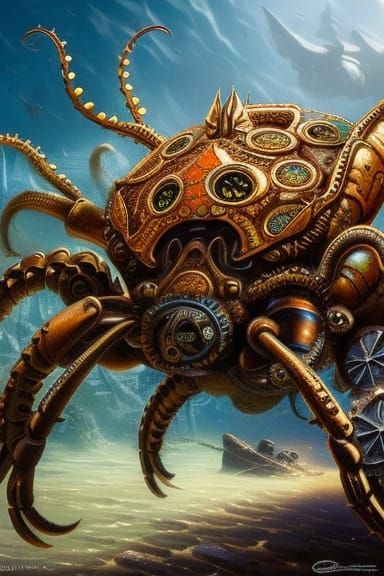 Steampunk Crab in Ornate Underwater World