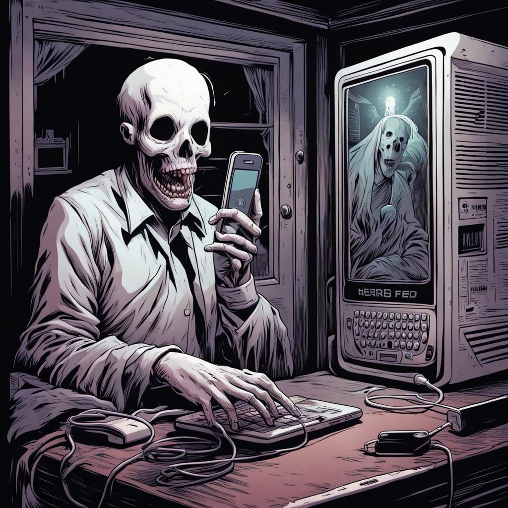 Horror Ghost Emerges from Phone, Comic Book Art