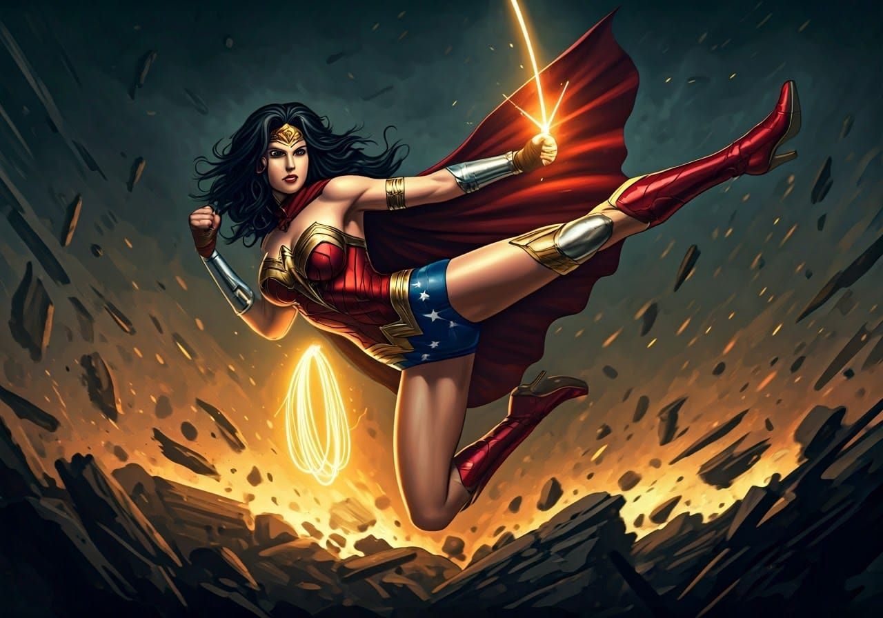 Wonder Woman in Dynamic Battle Pose with Lasso of Truth