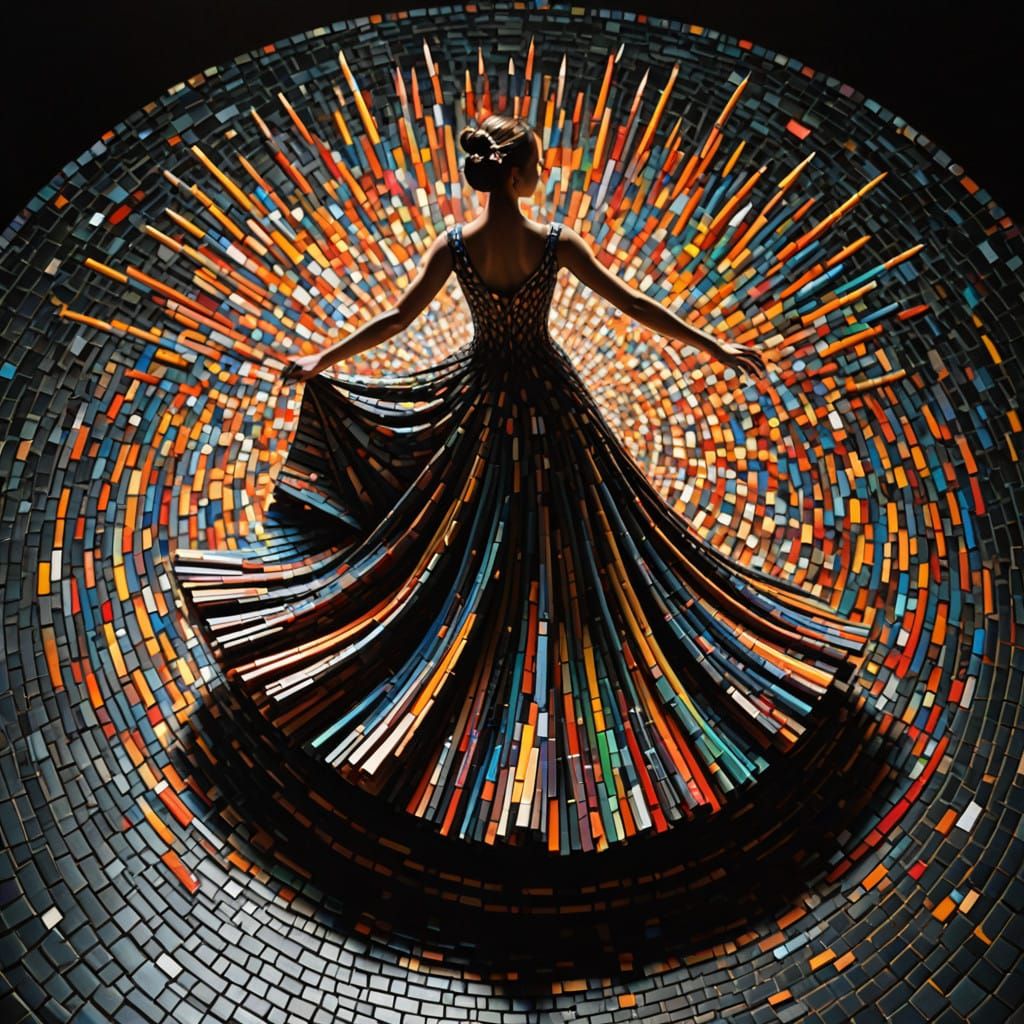 Surreal Dancer in Pencil Shell Gown Dances on Glass Floor