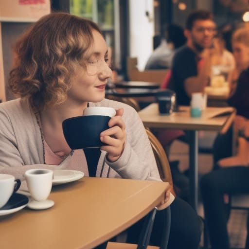British Trans Woman Enjoying Tea in Cafe