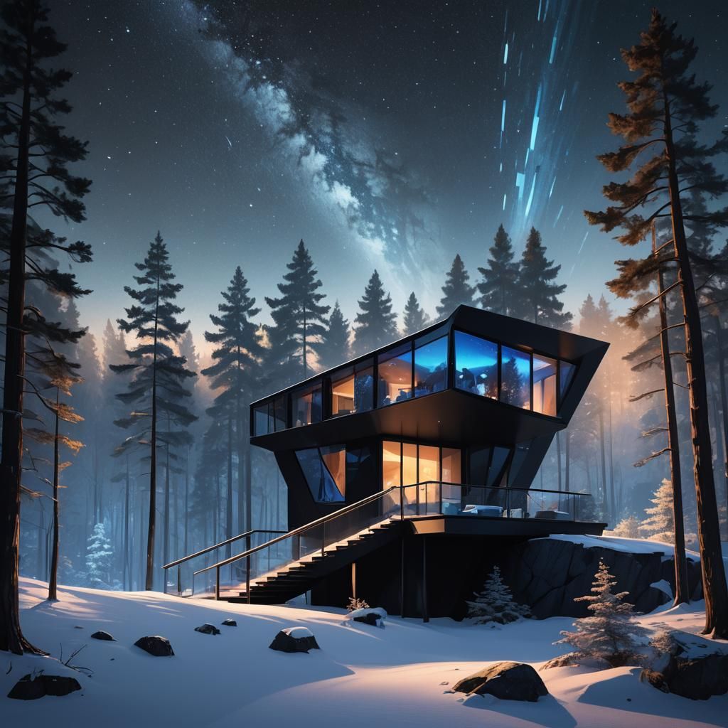 Angular Glass Mountain Cottage Under Starry Night Sky