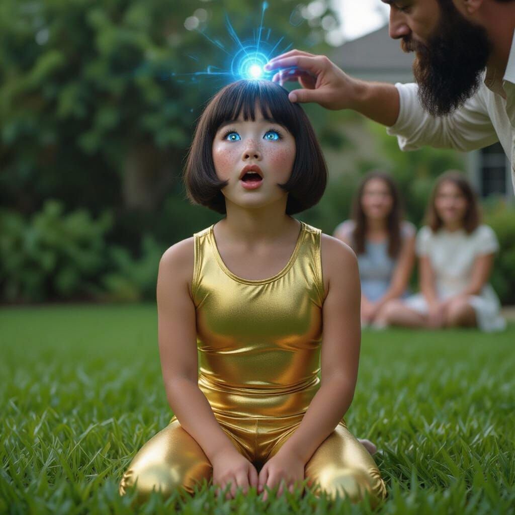 Hypnotized Girl in Gold Spandex on Green Lawn