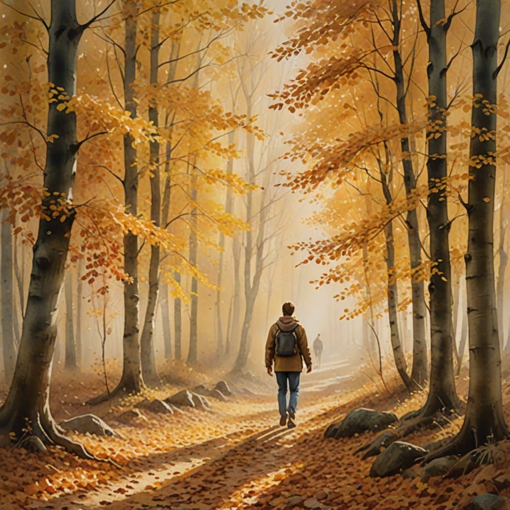 Ethereal Autumn Woods Walk in Romantic Watercolor Style