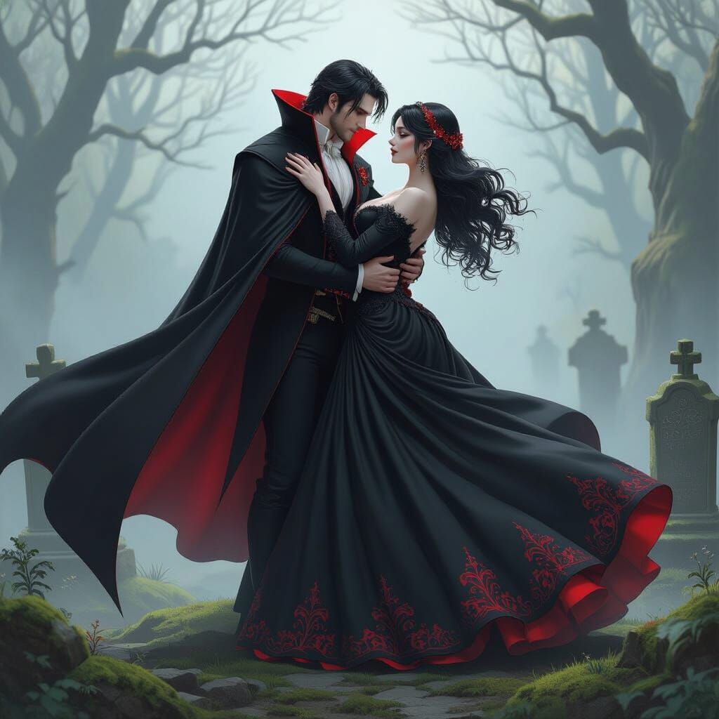 Vampire Couple Dancing in Misty Graveyard: Anime Art