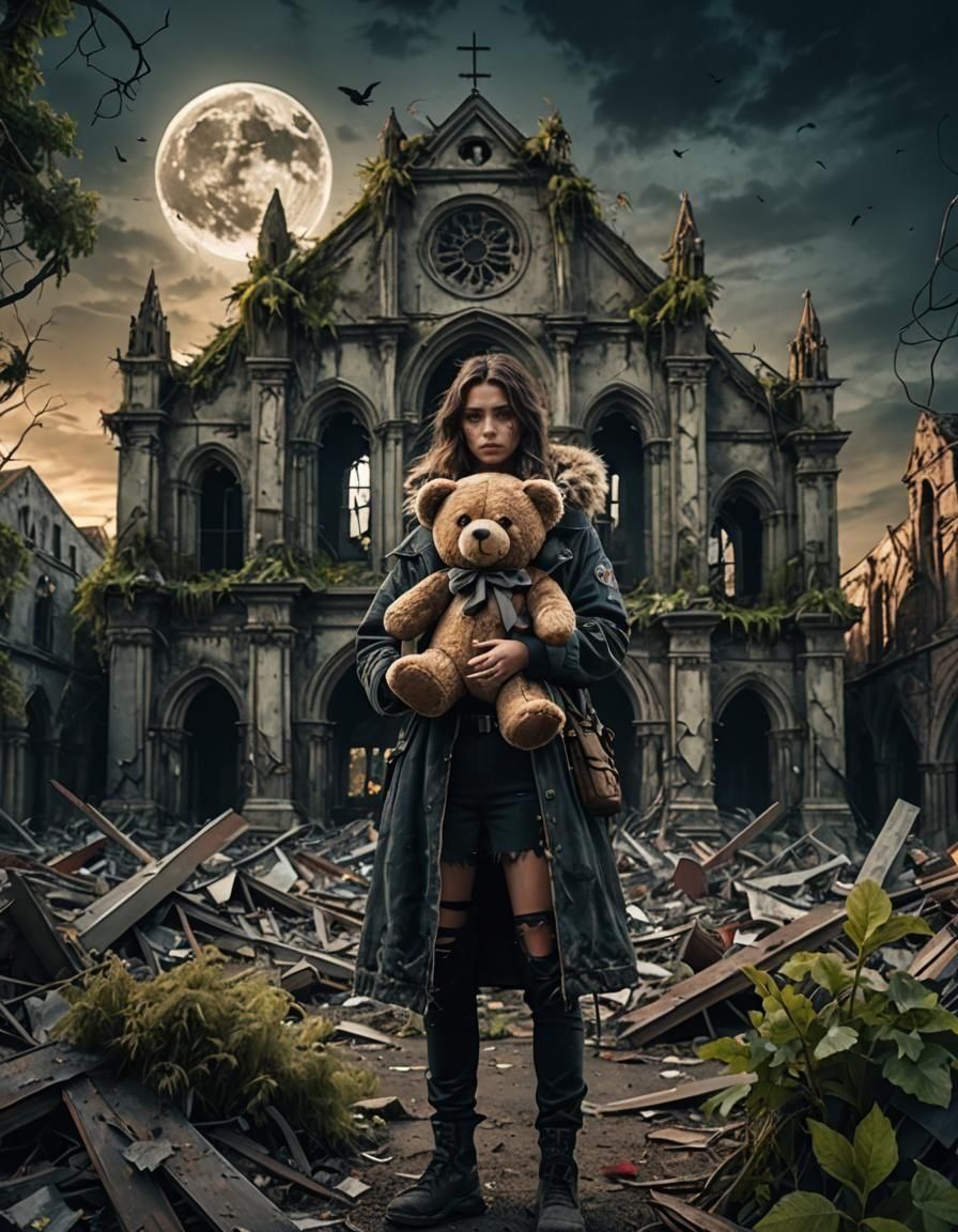 Apocalyptic Girl with Teddy Bear in Ruined Church