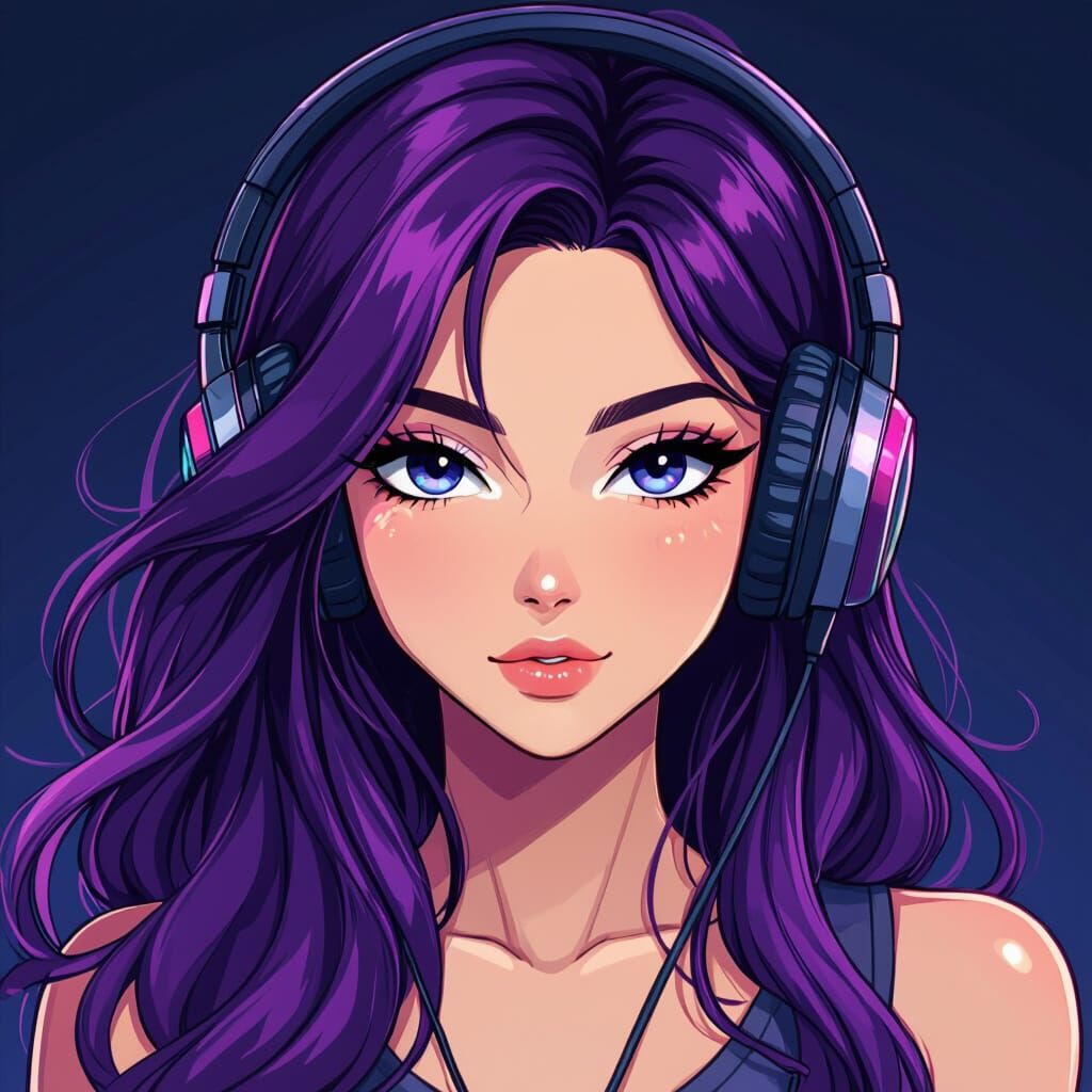 Woman with Purple Hair and Headphones, Immersed in Tech